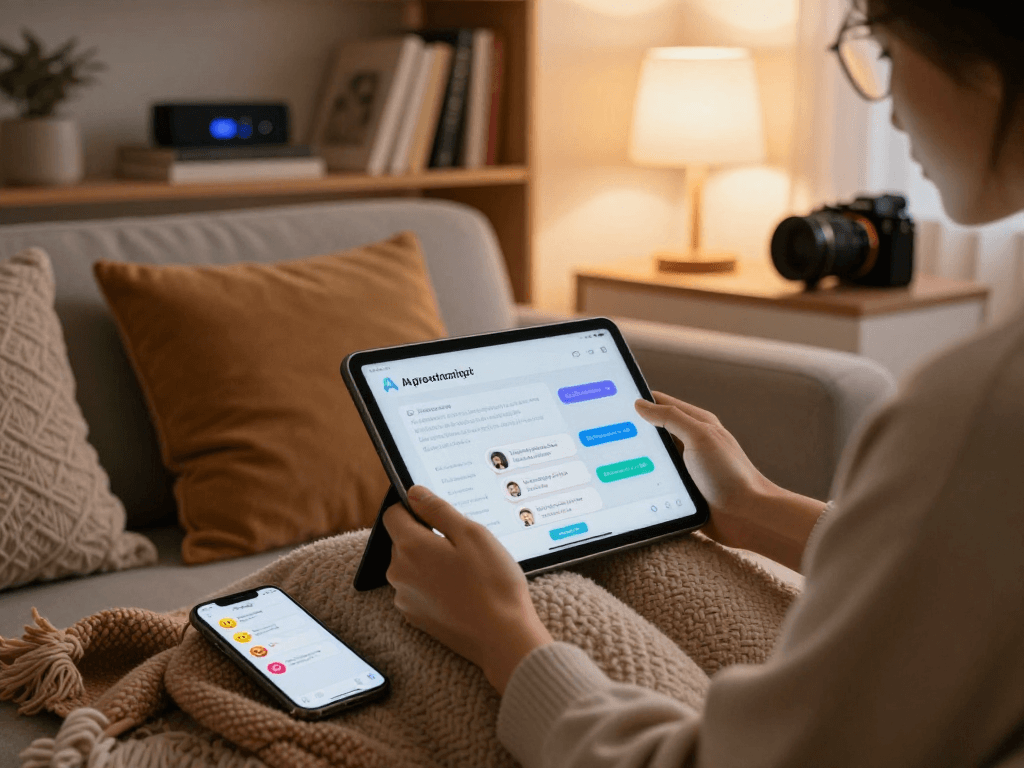 Exploring AI sex apps in a cozy living room setting, highlighting personalized digital companionship.