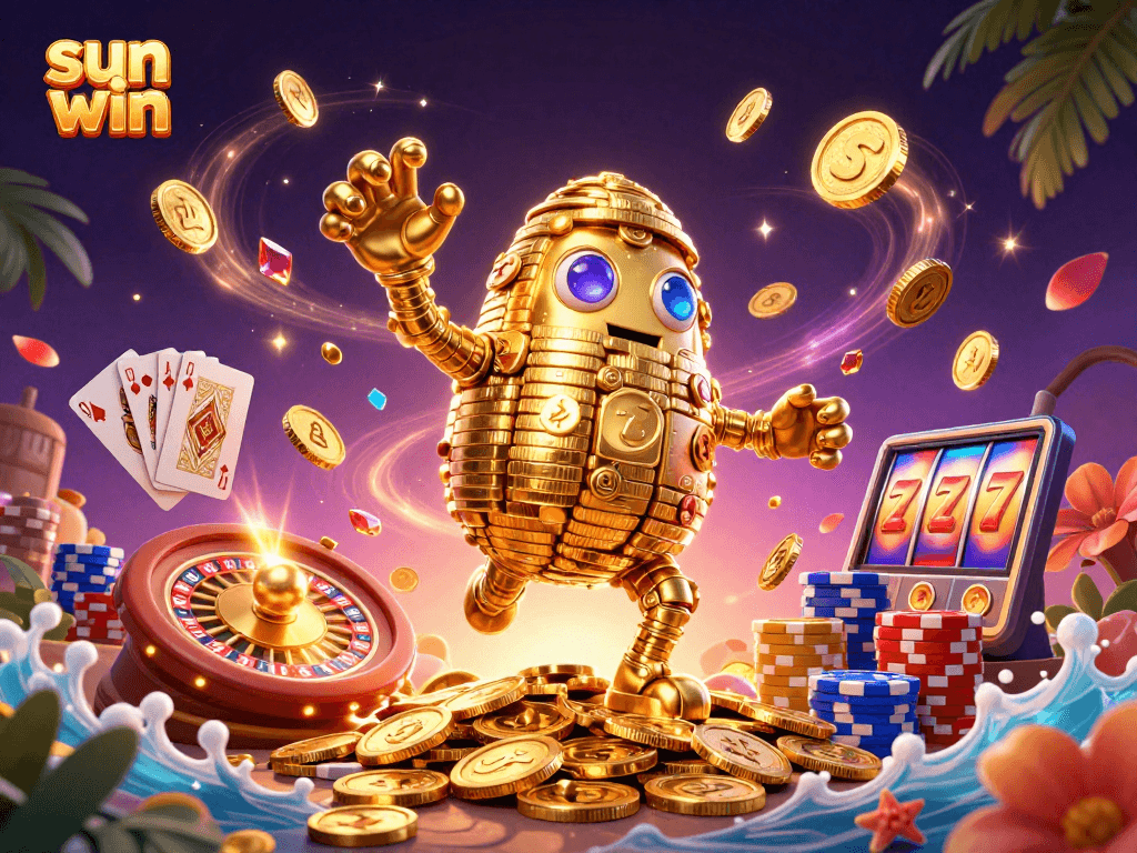 Experience the excitement of sun win gaming with animated golden golem, vibrant coins, and dazzling casino elements.