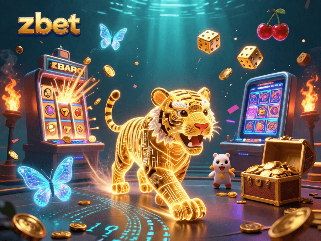 Engage with zbet's vibrant digital casino world featuring a neon tiger and jackpot excitement.