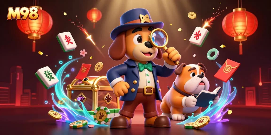 Play your luck at M98 with a lively scene showcasing golden poker chips and festive decorations.