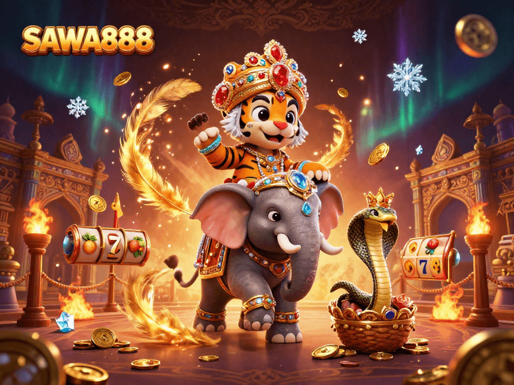 Experience exciting gameplay options on SAWA888 with a dynamic 3D illustration of a majestic maharaja riding an elephant surrounded by slots.