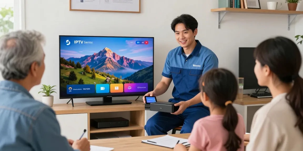 IPTV services provided by a trusted local professional showing devices to a family.