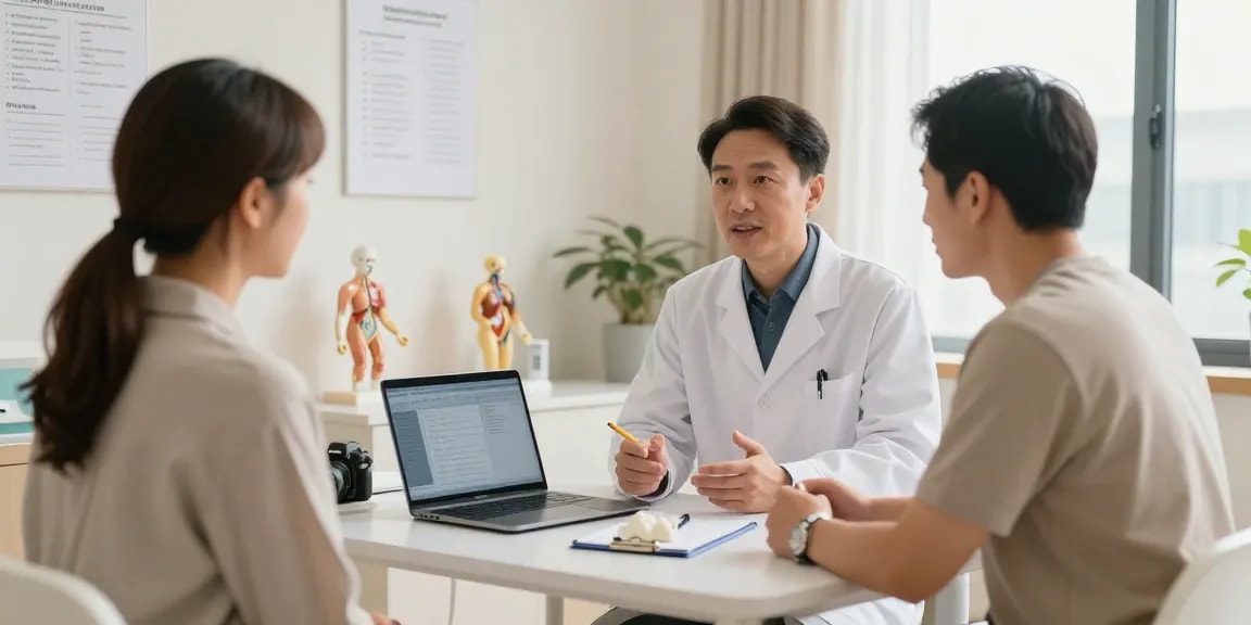 Urologist in Abu Dhabi consulting with a patient in a modern examination room, discussing treatment options.