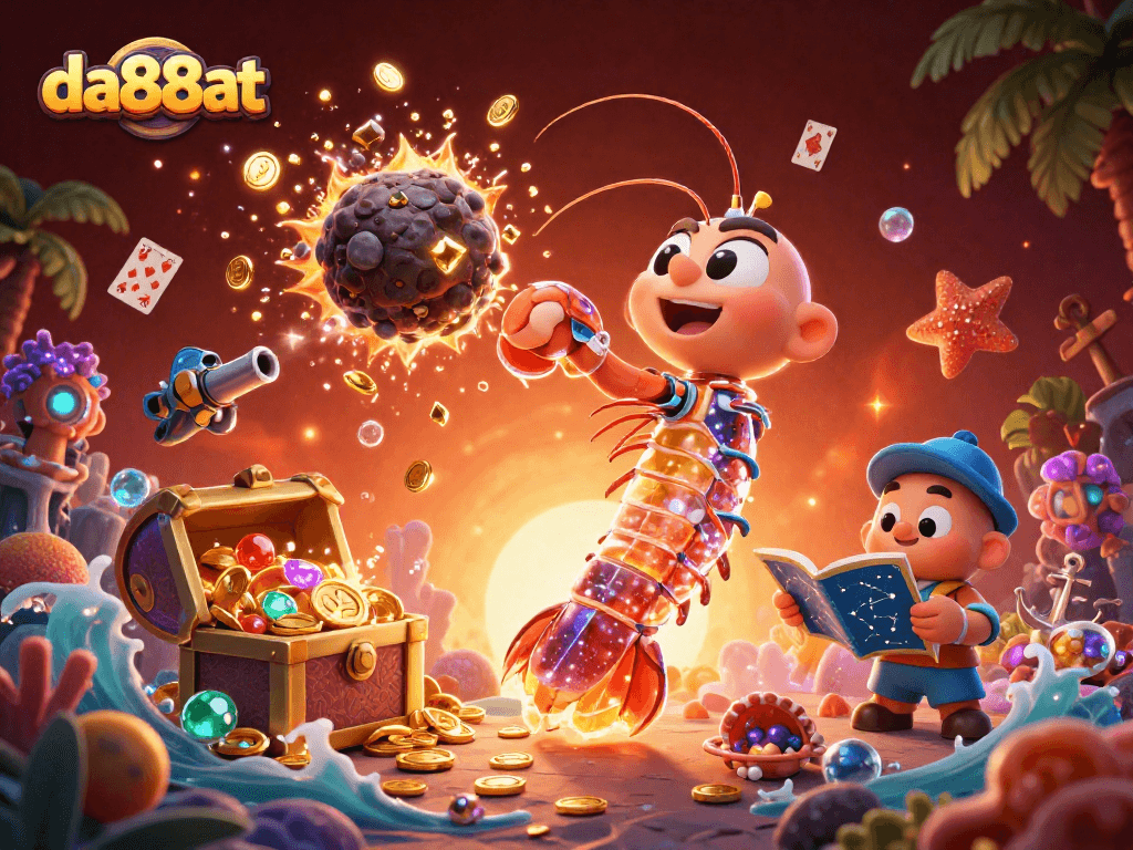 Engage with da88at's thrilling gaming world while witnessing the galactic samurai mantis shrimp conquering cosmic treasures.