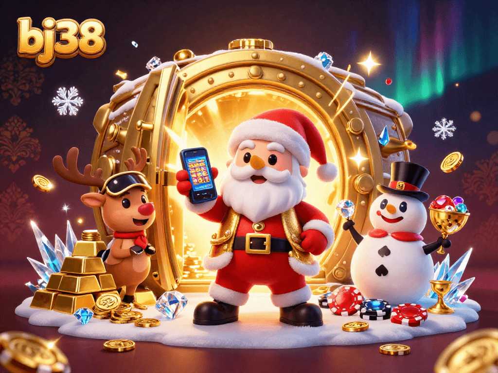 Experience exciting wins at bj38 with festive characters in a vibrant casino scene