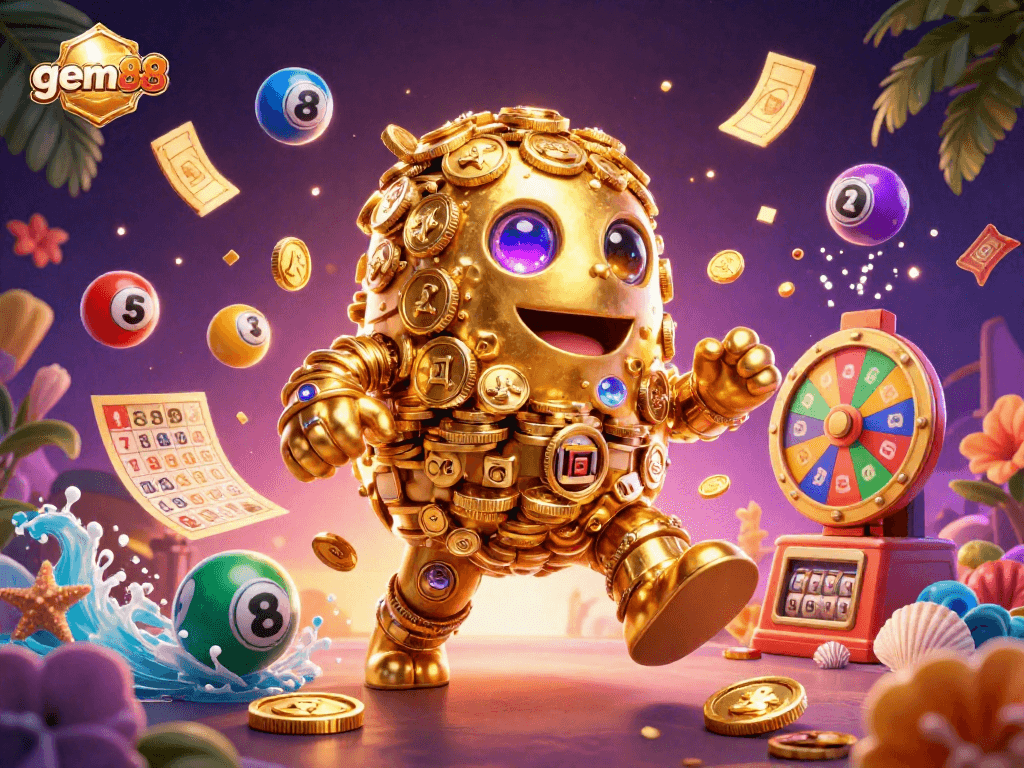 Join the excitement at gem88 with a golden golem and vibrant lottery elements bringing life to online betting adventures.