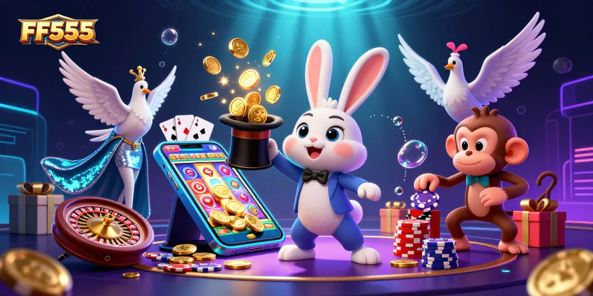 Experience the magic of FF555 with a vibrant 3D casino scene filled with action and winning opportunities.