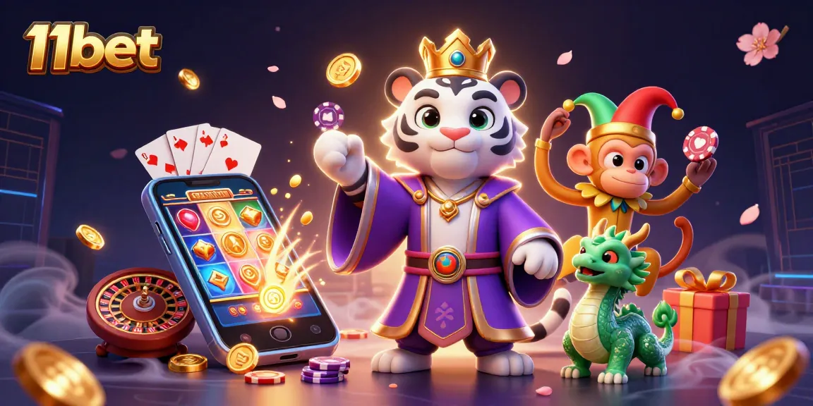 Experience exciting gambling adventures with 11bet in this vibrant 3D casino illustration featuring dynamic characters.