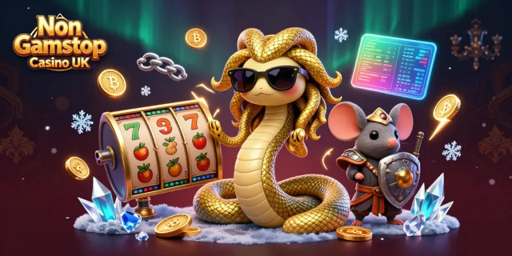 Experience the vibrant world of Non Gamstop Casino UK with colorful slot symbols and friendly characters.