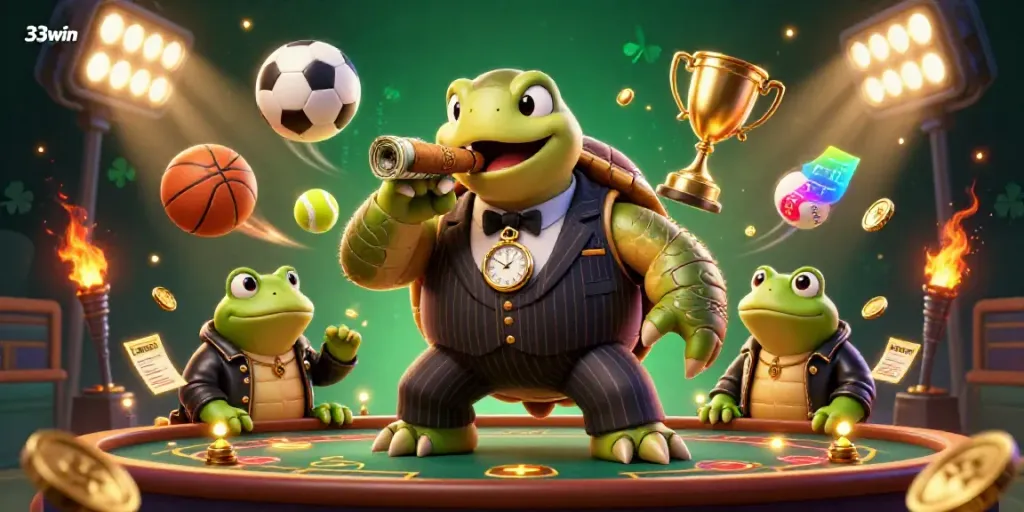 Experience the vibrant scene of 33win's gaming world with colorful characters and sports balls spinning in motion.