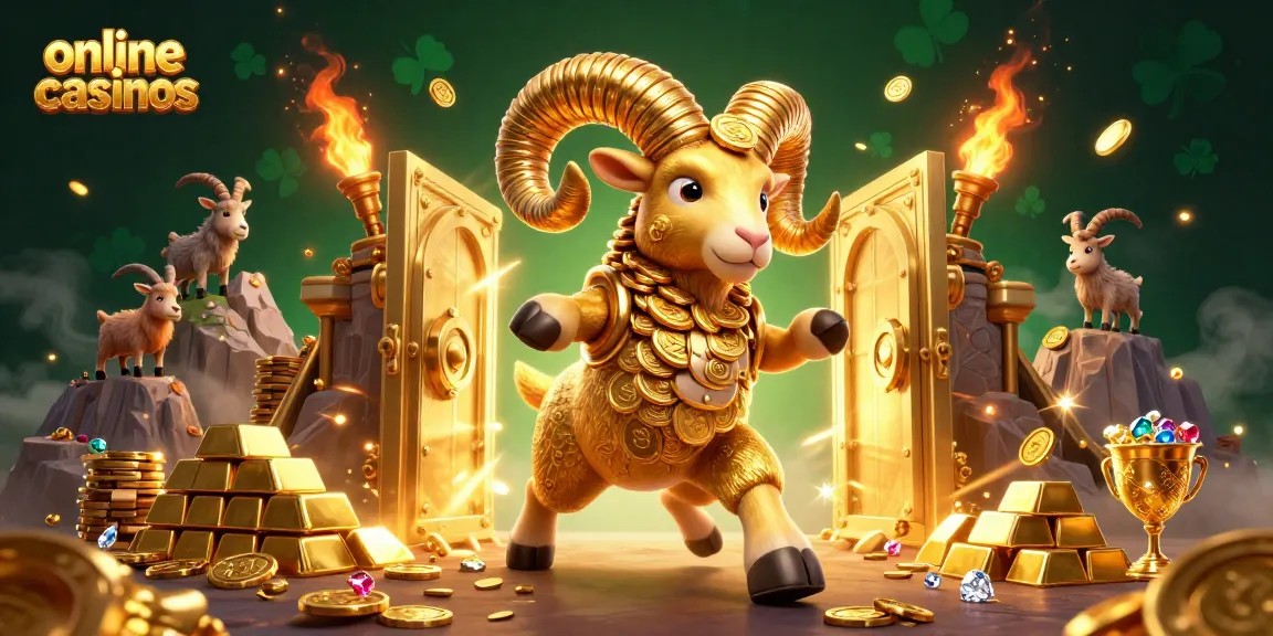 Engaging illustration showcasing online casinos with a golden ram charging at a vault, gems and treasure flying.