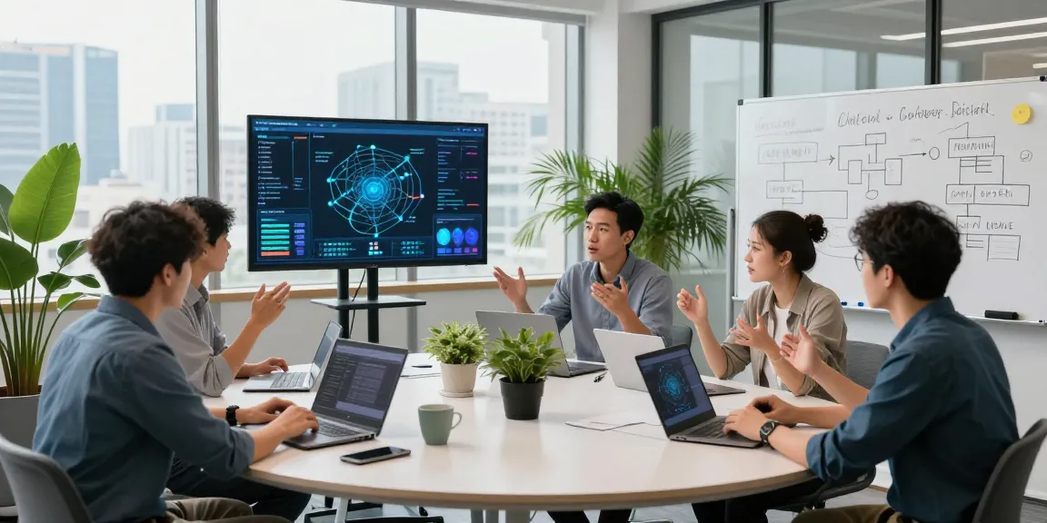 Engineers discussing edge computing solutions in a modern office workspace, showcasing collaborative technology development.