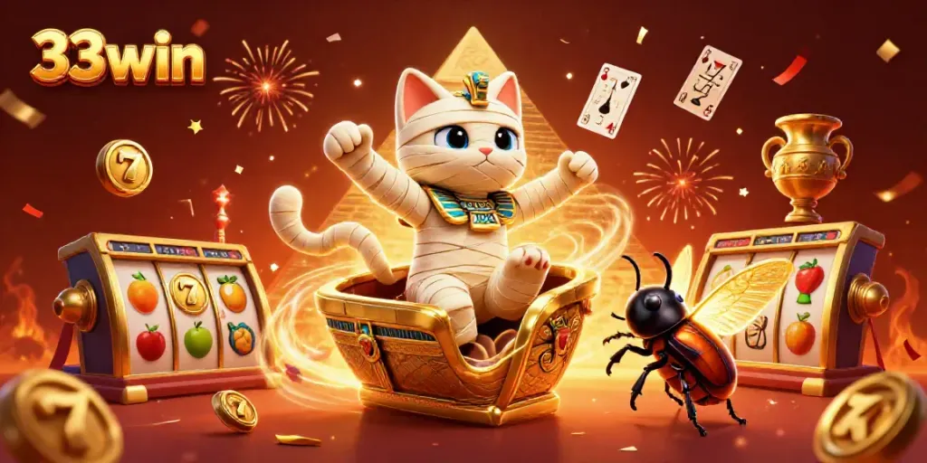 Experience thrilling wins with 33win in a vibrant pyramid casino filled with animated characters and jackpots.