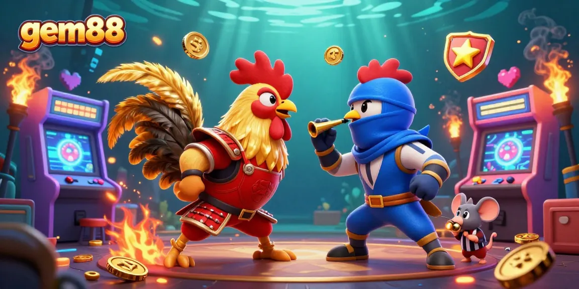 Experience the intense gem88 showdown between cartoon fighting roosters in a vibrant casino setting.