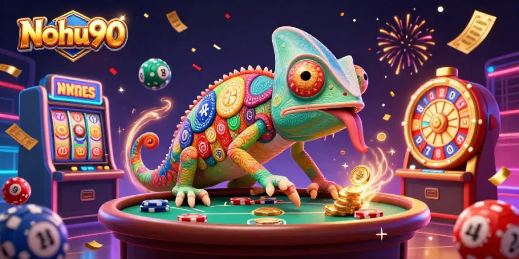 Engage with Nohu90 as the chameleon casino owner collects coins amidst a vibrant gaming scene filled with excitement.