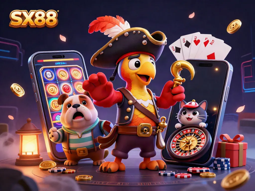 SX88 pirate captain offers winning slot strategies with friends in a vibrant casino setting.