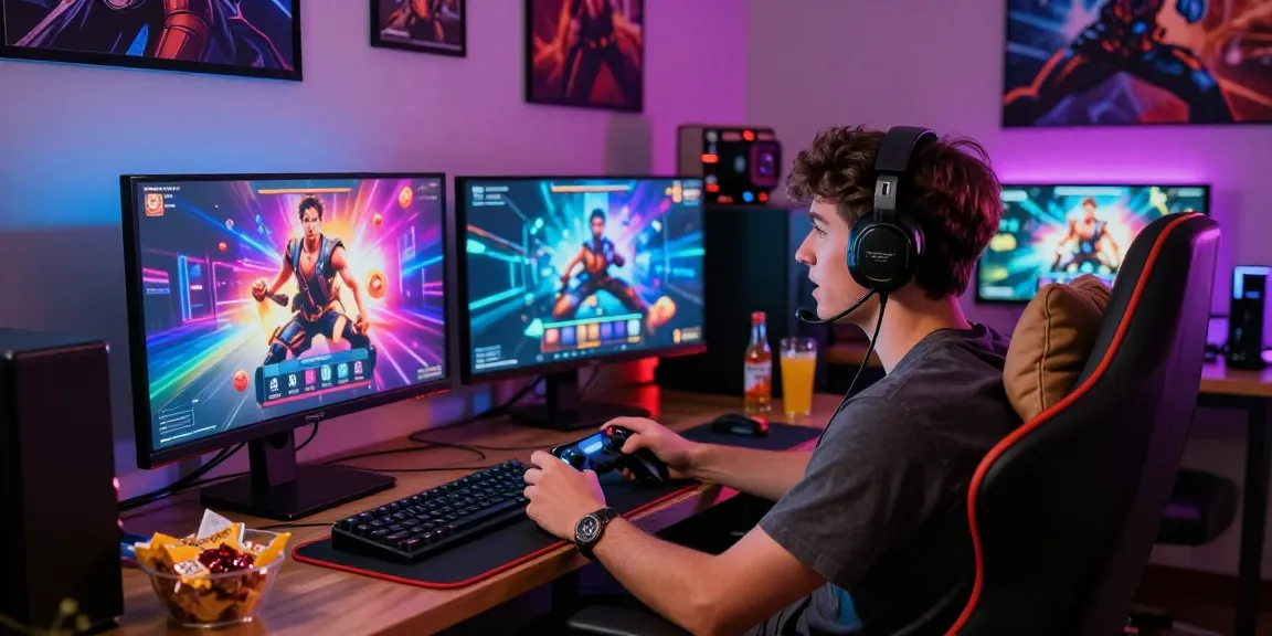 Exciting gaming setup featuring porngames on multiple screens in vibrant colors.