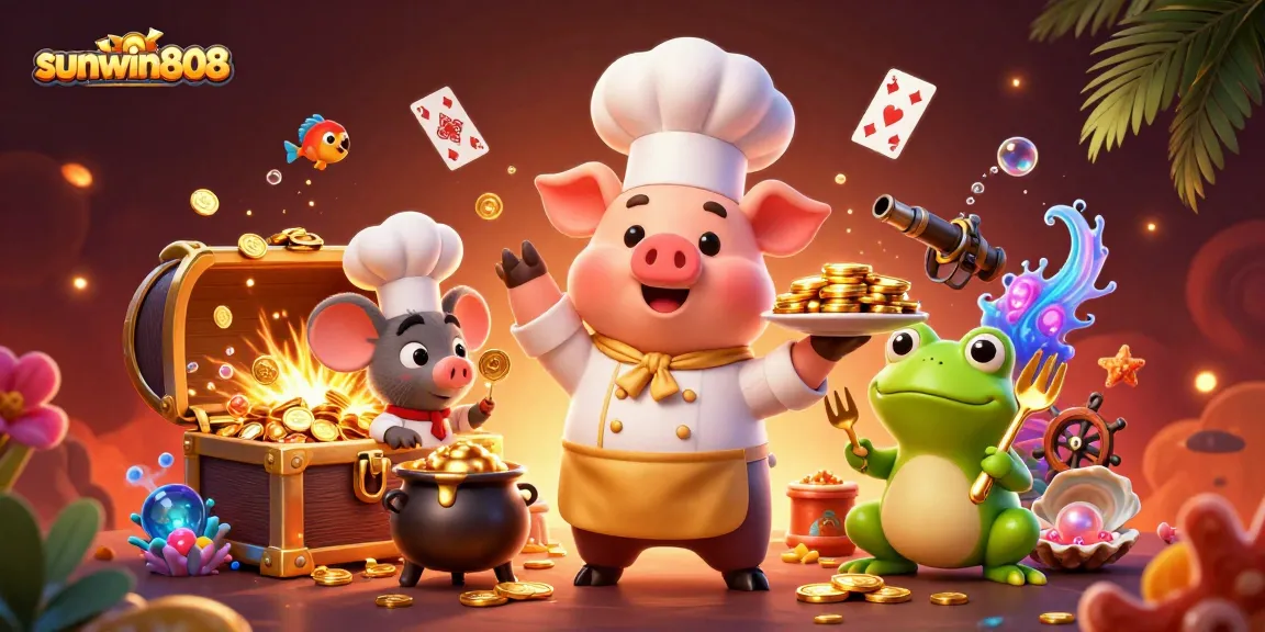 Engage with sunwin808 as the chef pig serves golden coins with vibrant casino themes and rich illustrations.
