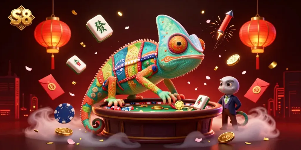 Experience vibrant casino action with S8 as a colorful chameleon owner watches over games.