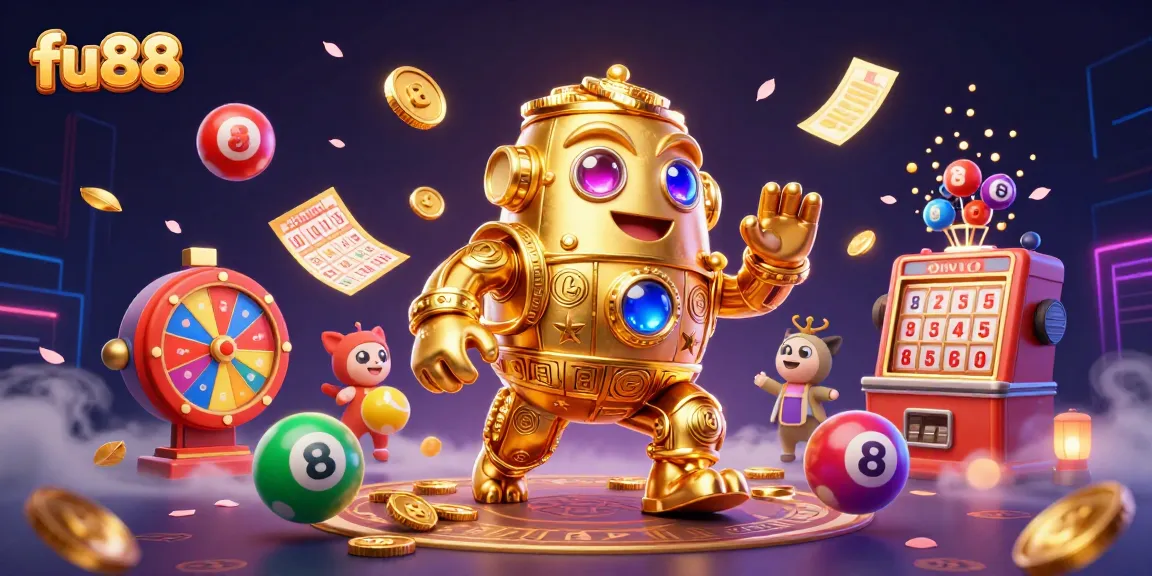 fu88 showcases a vibrant 3D scene with a golden golem and dynamic lottery elements, energizing the gaming experience.