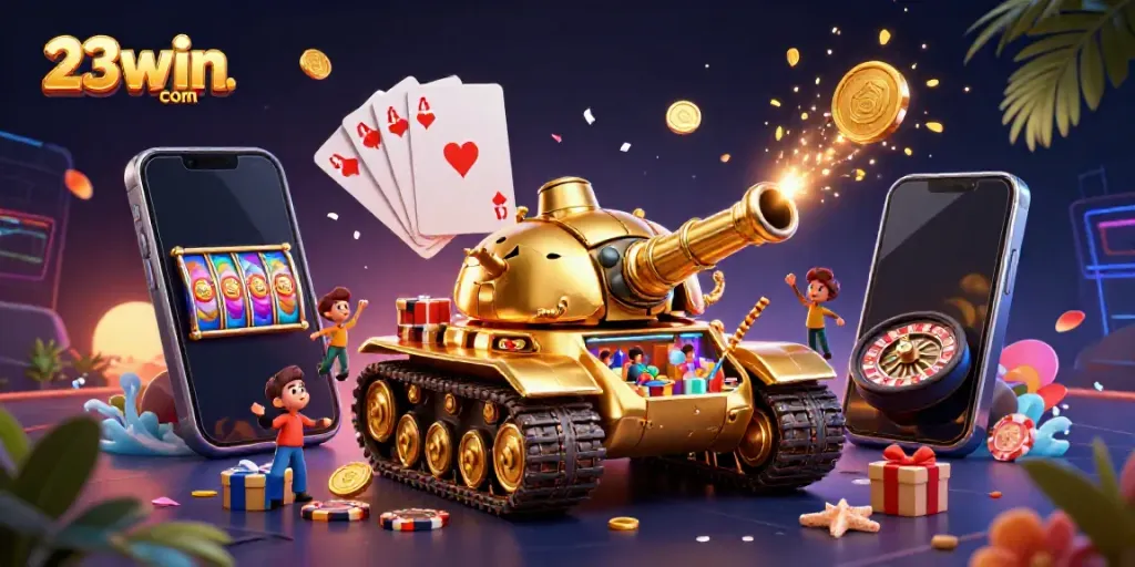Experience thrilling gameplay at 23win com with an immersive casino scene featuring golden beetle tank and vibrant gaming elements.