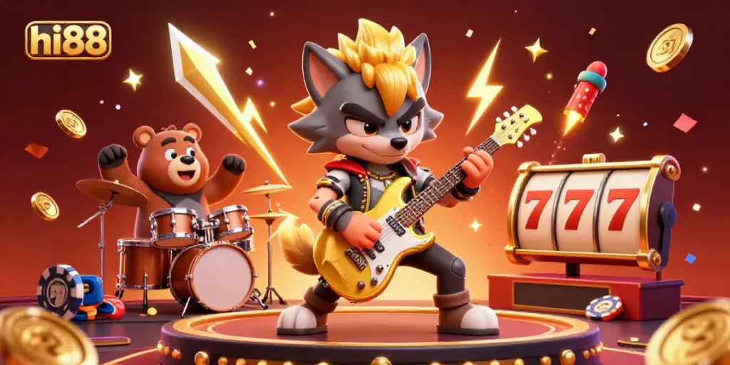 Experience the thrill of hi88 as a rock star wolf entertains on a vibrant casino stage amidst explosive jackpots.