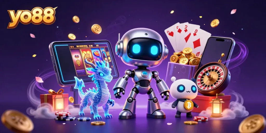 Engage in thrilling games like slots at yo88 with a vibrant 3D casino-themed illustration.
