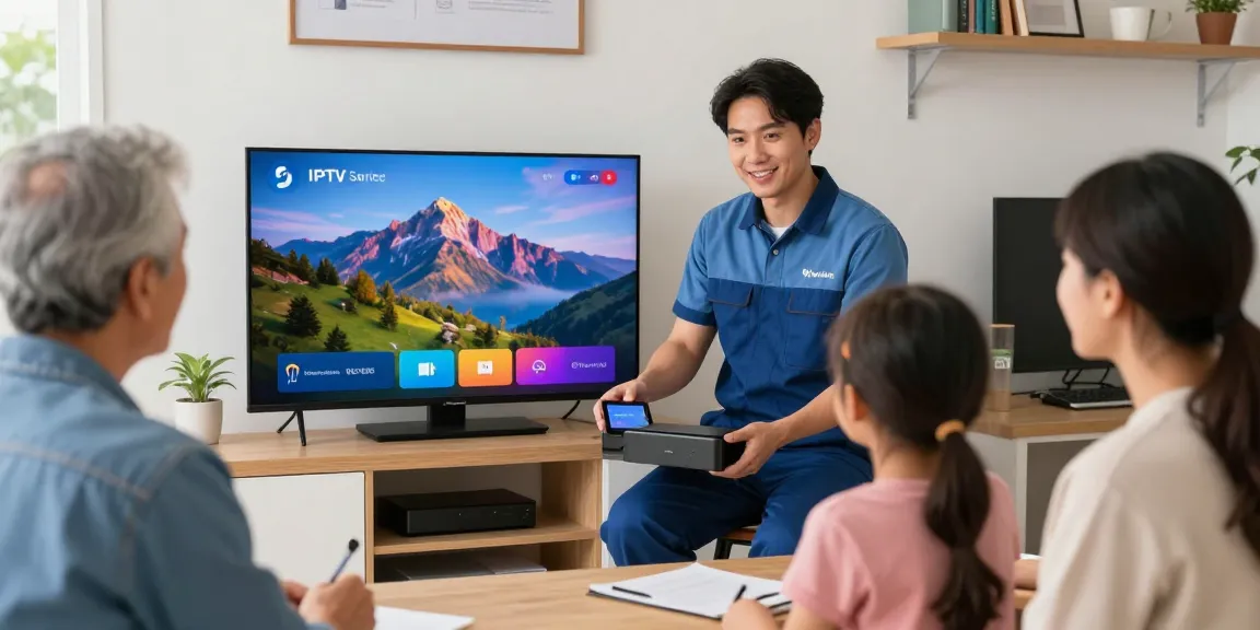 IPTV services provided by a trusted local professional showing devices to a family.