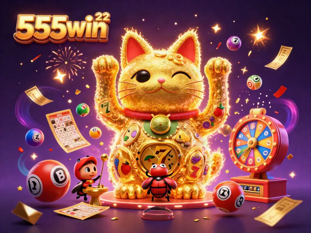 Engage with the vibrant 555win 22 scene featuring a giant lucky cat, casino symbols, and dynamic lottery elements.