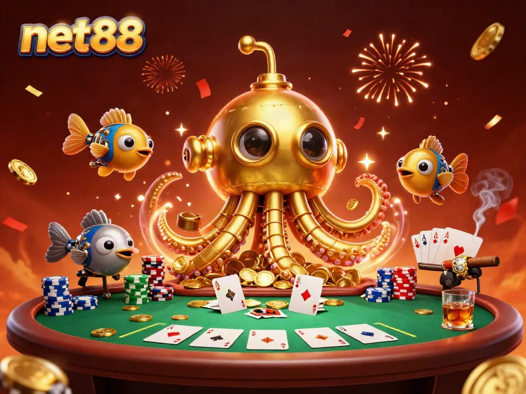 Experience thrilling gameplay with net88 at this vibrant casino scene filled with golden coins and poker elements.