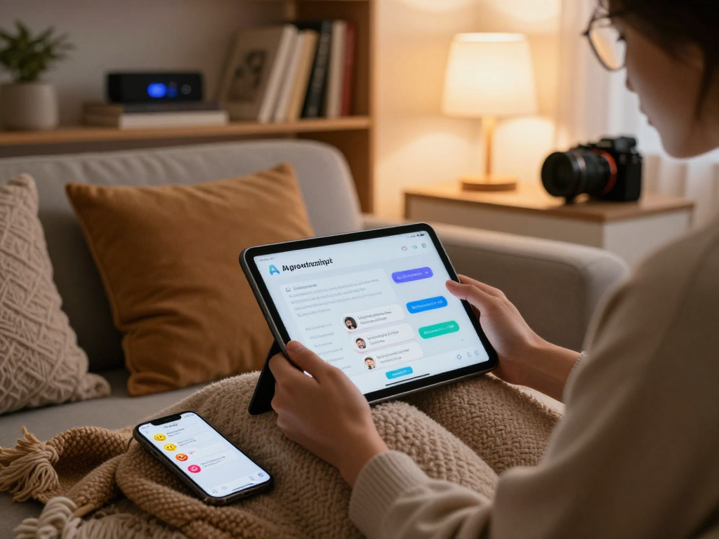 Exploring AI sex apps in a cozy living room setting, highlighting personalized digital companionship.