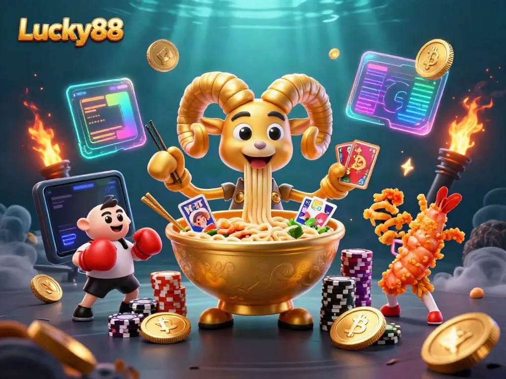Experience exciting gaming action with Lucky88's vibrant casino scene filled with interactive characters and crypto elements.