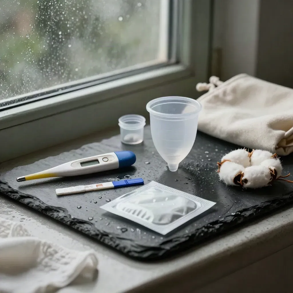 Pre-dawn women’s health still life with thermometer, menstrual cup, ovulation strips and pouch.