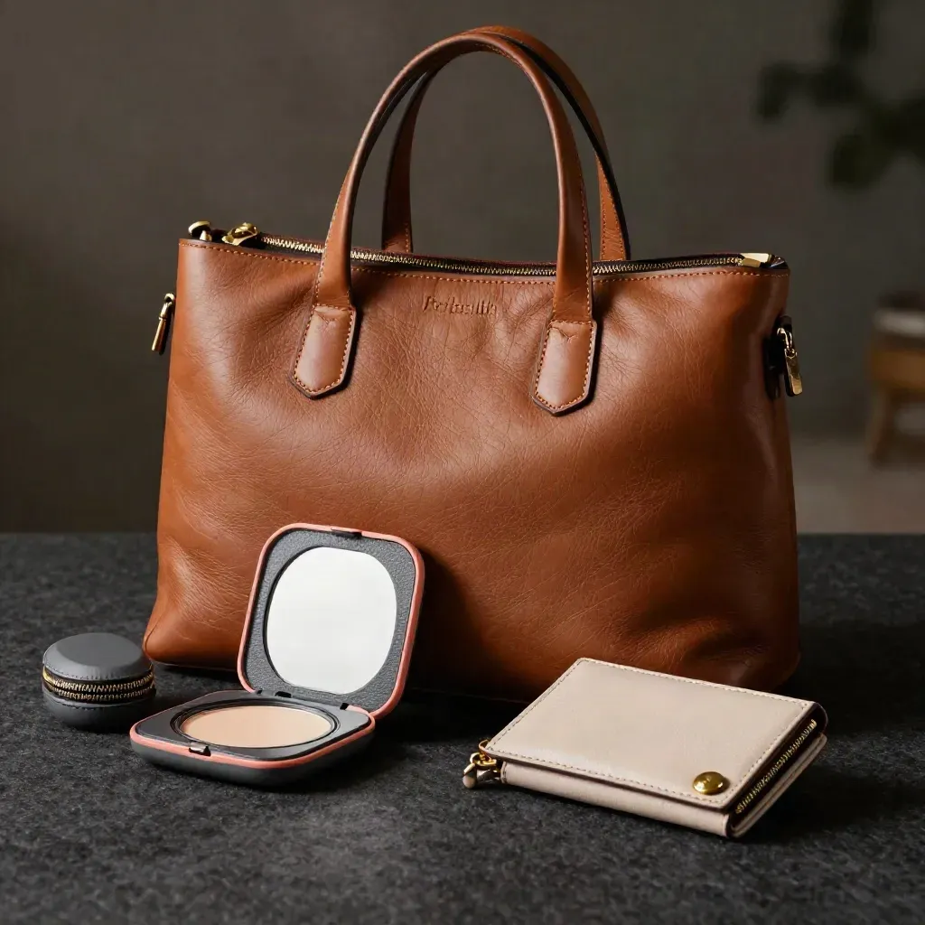 Leather tote, mirror case, pillbox and travel wallet on dark felt in warm dramatic light.