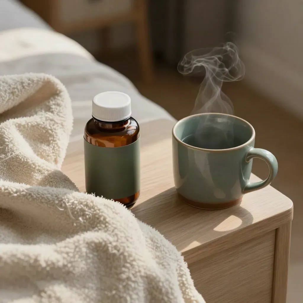 Overhead still life of a supplement bottle, teal mug, and folded cream blanket in soft dawn light.