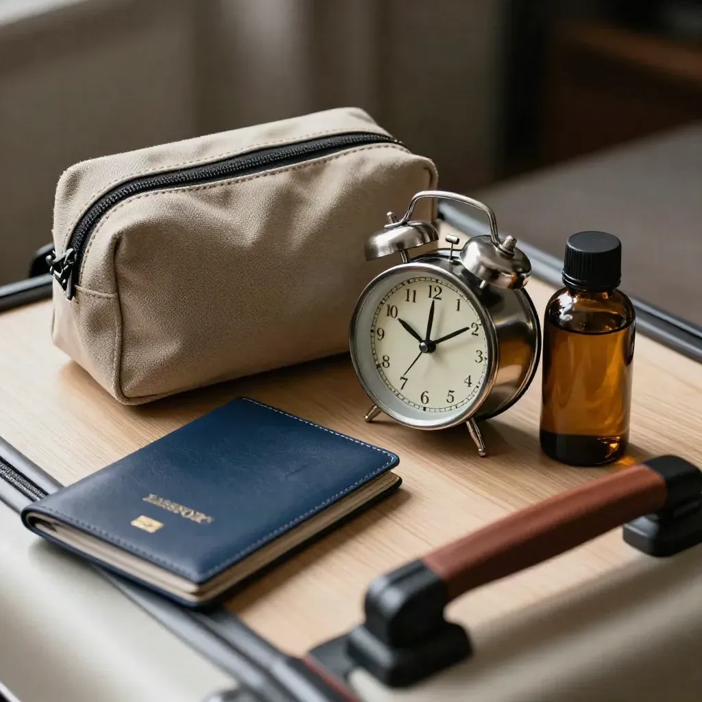 Travel kit with toiletry case, passport wallet and alarm clock on pale wood, seen through a suitcase handle.