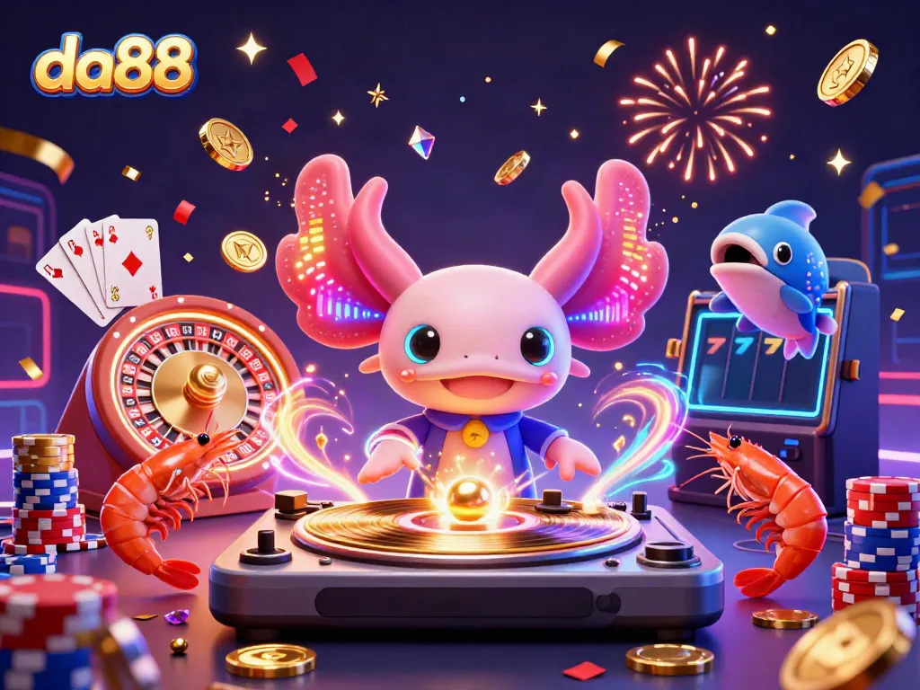 Experience da88 with a vibrant 3D scene featuring a neon axolotl DJ surrounded by dancing shrimp while cascading coins and a roulette wheel enhance the thrill of the casino.