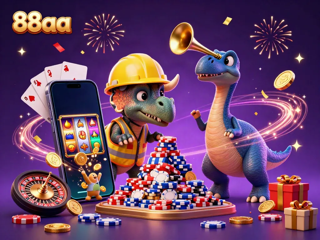 Celebrate winnings with 88aa in this vibrant 3D illustration featuring cartoon dinosaurs amidst casino games.