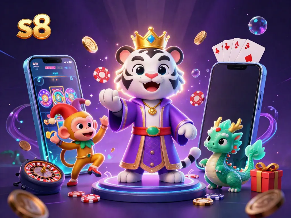 Experience the excitement of s8 with a dazzling casino scene featuring a joyful white tiger, playful monkey, and lively jade dragon.