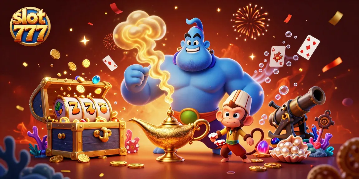 Engage with slot 777 games featuring a charming genie, abundant treasures, and vibrant casino elements.