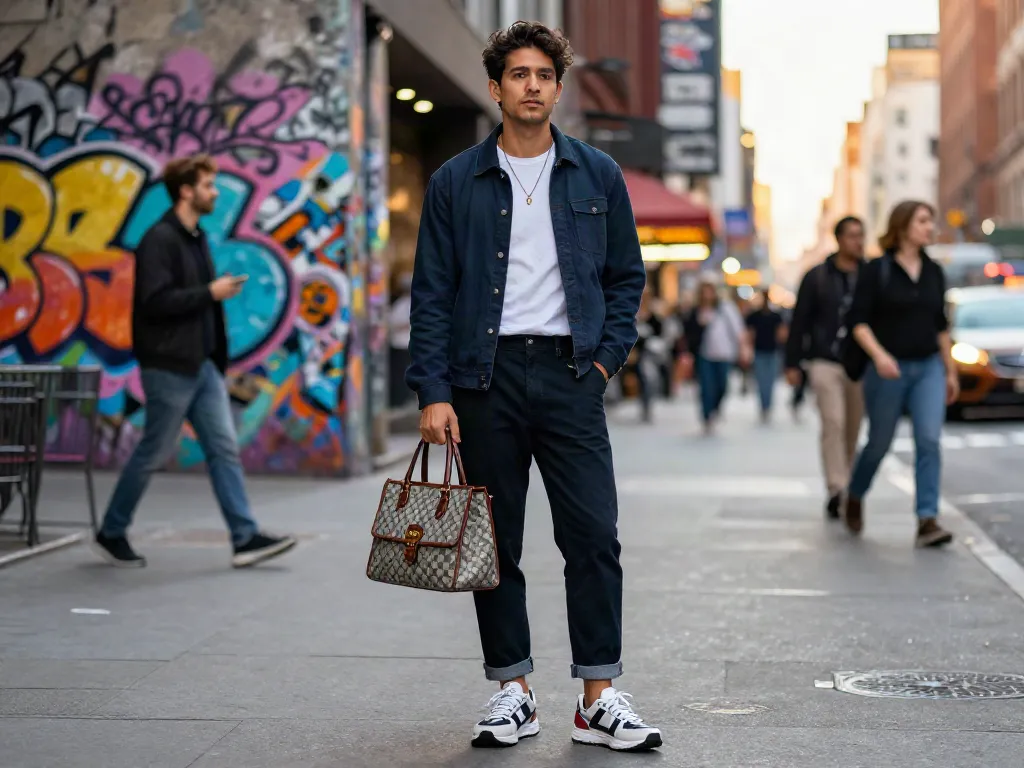 Stylish urban outfit showcasing rokok 88's quality fabrics in a vibrant city setting.