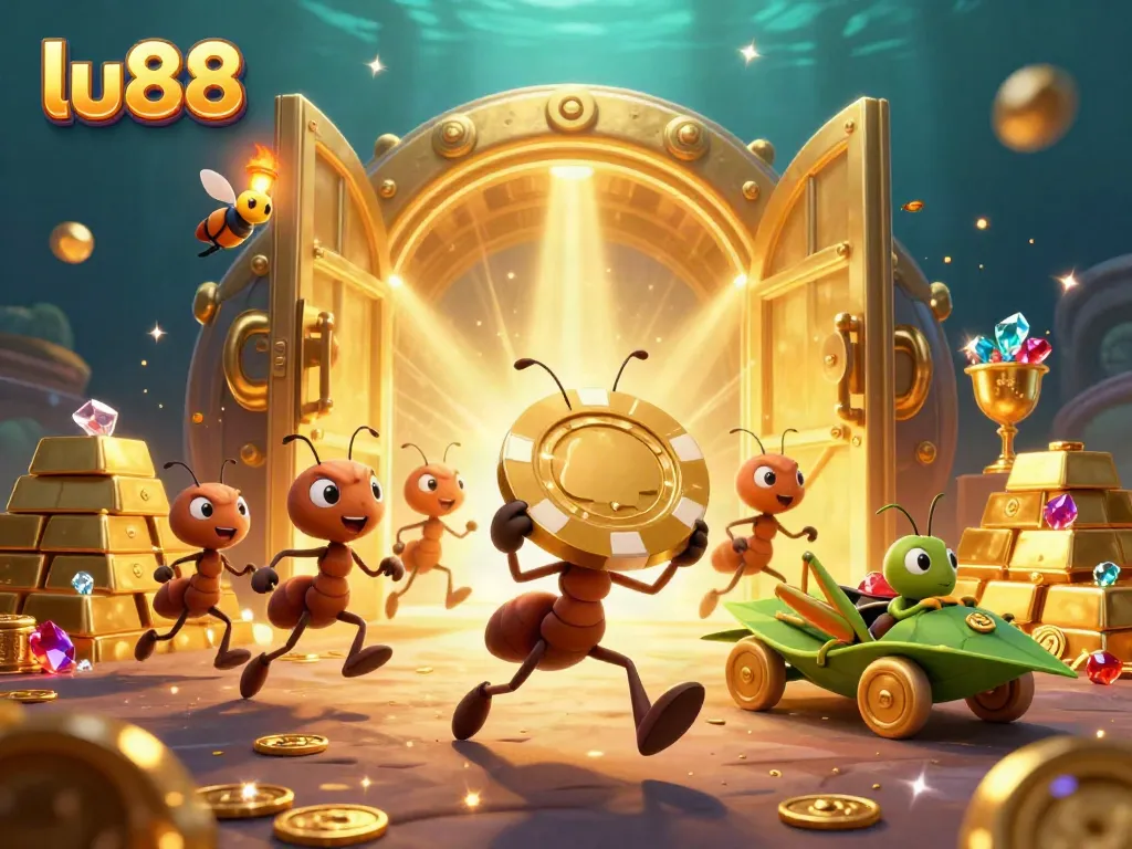 Join the excitement at LU88 as ants steal a giant poker chip amidst treasures and sparkles, capturing the thrill of gaming.