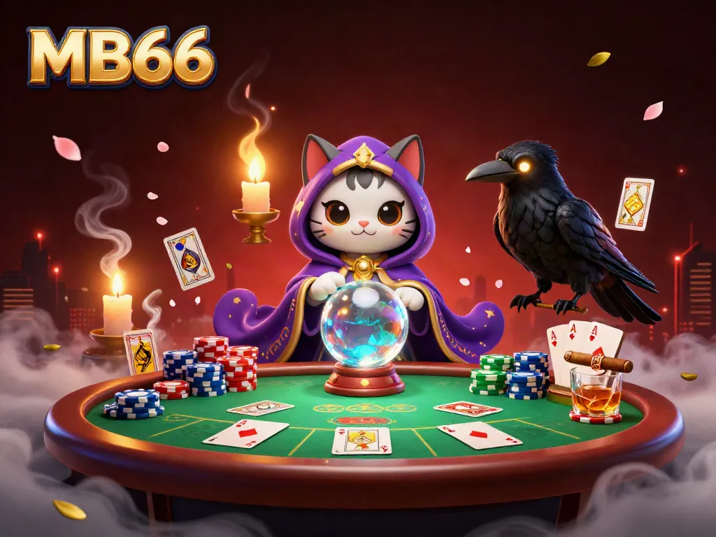 Engage with MB66 as a detailed 3D scene showcasing fortune telling, poker cards, and vibrant casino elements.