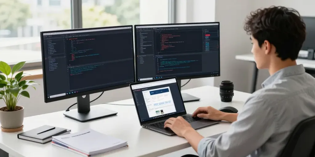 Developer using dual monitors for instant indexing in a modern office.