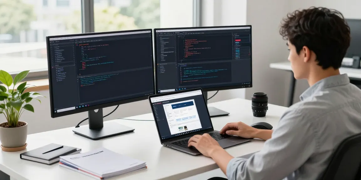 Developer using dual monitors for instant indexing in a modern office.