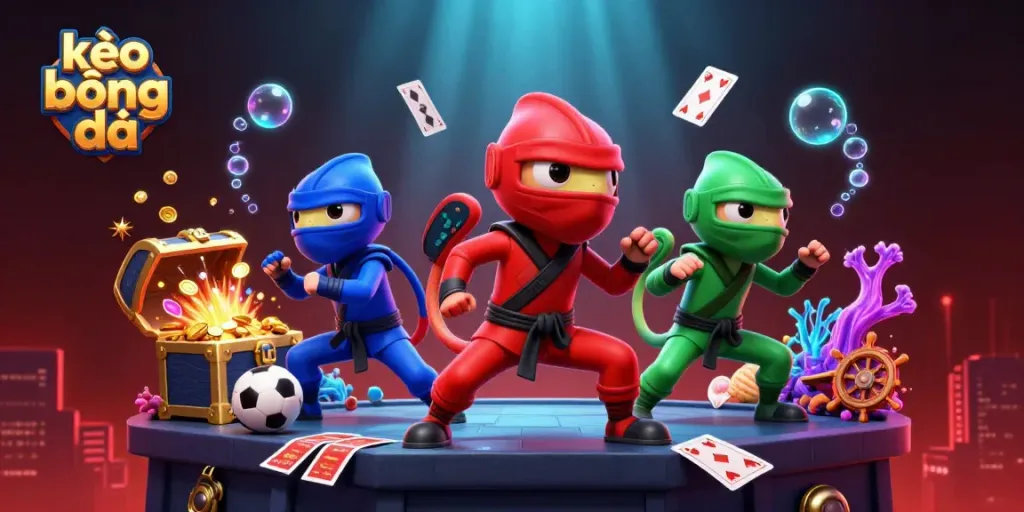 Engage in kèo bóng đá analysis with dynamic chameleon ninjas amidst vibrant betting elements.