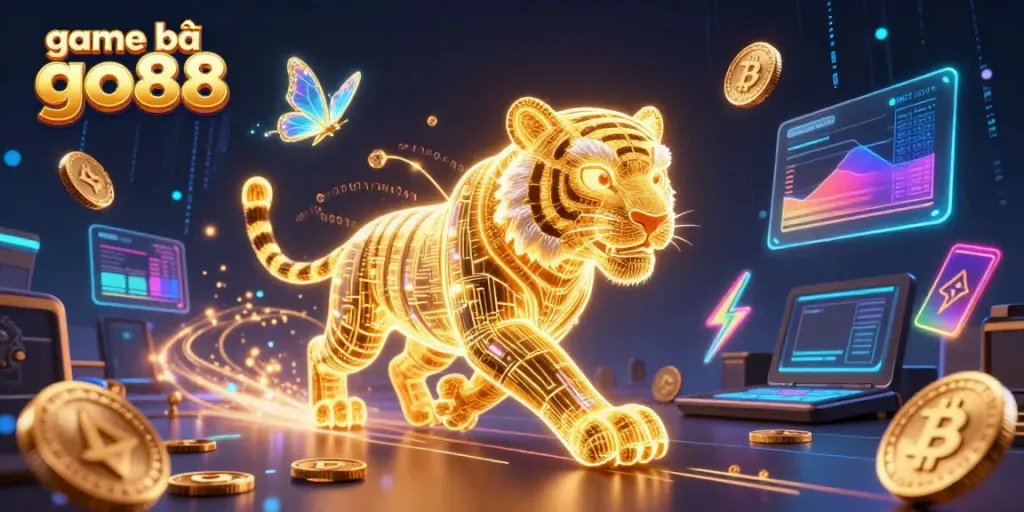 Experience the thrilling game bài go88 with a neon-wireframe tiger in a vibrant digital casino landscape.