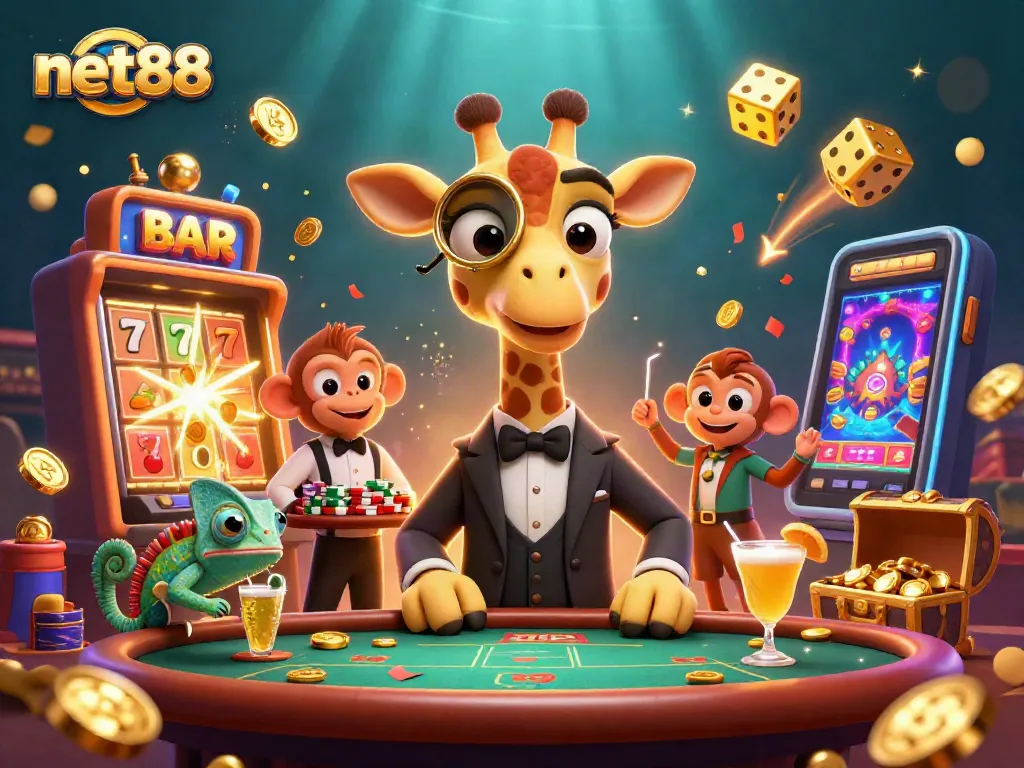 Experience excitement with net88 at a lavish poker scene featuring high rollers and dynamic casino elements.