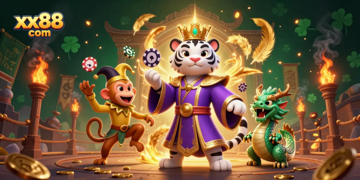 Experience thrilling action with xx88 com as the white tiger and a jester monkey showcase their casino prowess amidst vibrant gaming elements.