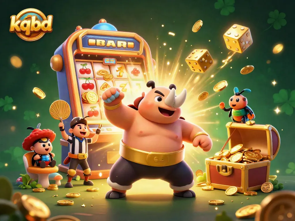 Engaging kqbd illustration of a rhinoceros beetle sumo champion amidst golden coins and dynamic slot elements.